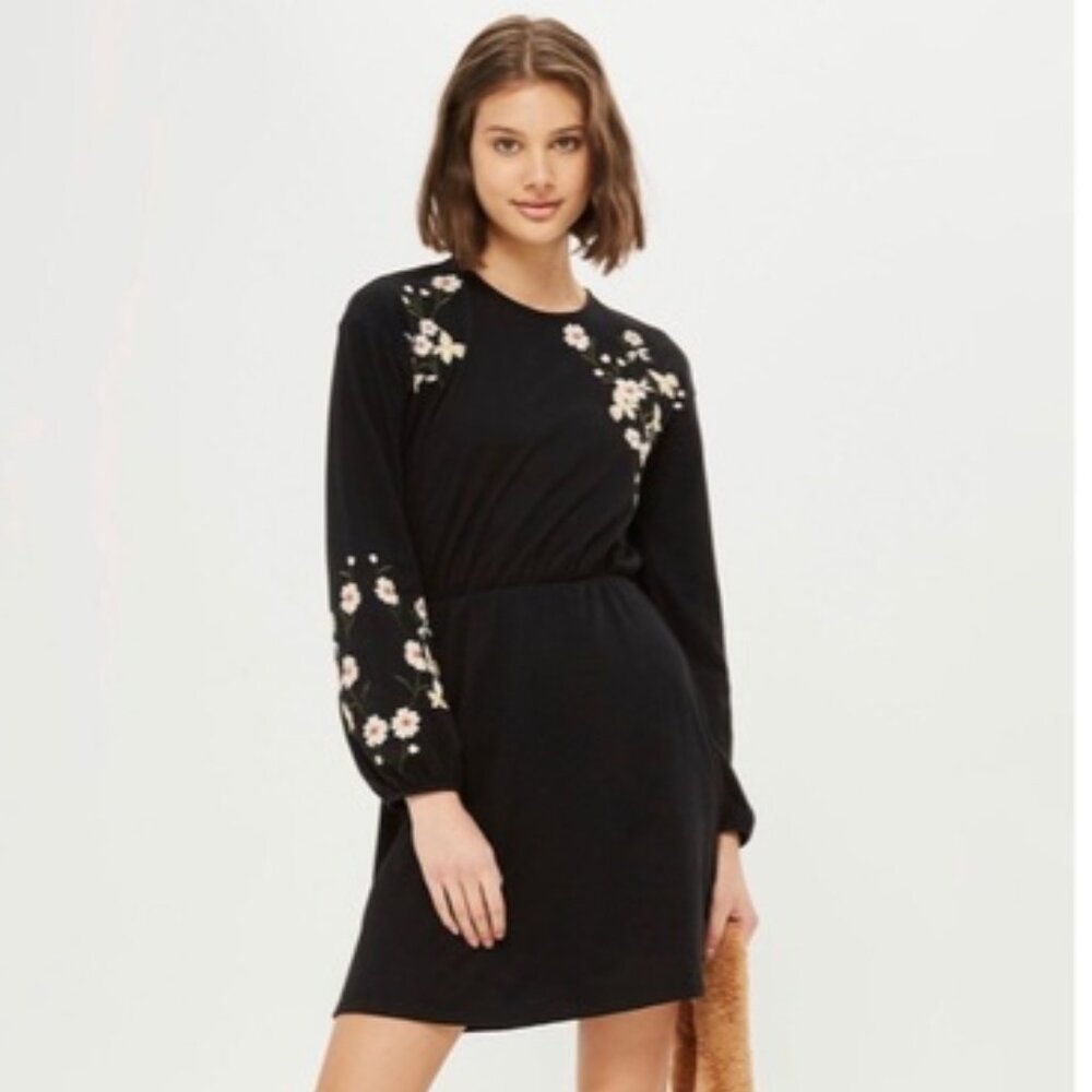 Topshop Black Long Sleeve Floral Embroidered Dress 8